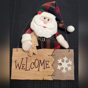 Welcome Sign With Plush Santa Wood Hanging Sign